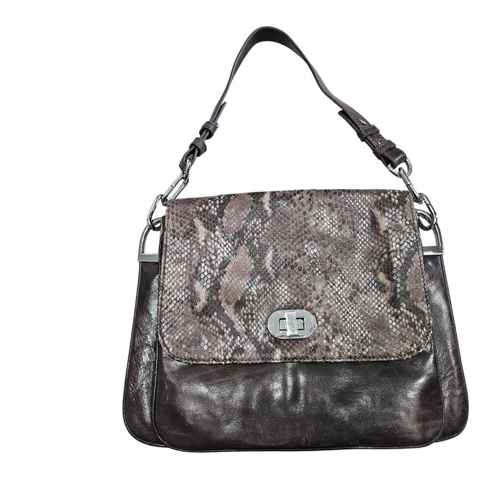 Mischka Badgley Brown Leather Faux Snake Print Shoulder Bag Twist Lock‎ Closure